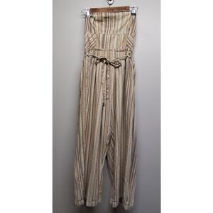 Free People Jumpsuit Women Size S Tan Stripes Strapless Elastic Waist Bohochic